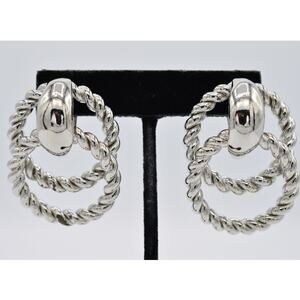 TAT Vintage Earrings Clip On Silver Rope Chunky Heavy Signed 1980s NOS BinAA